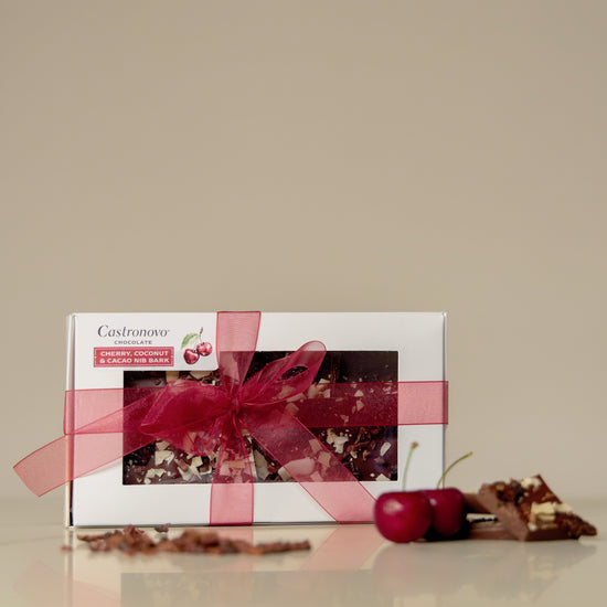 1/2 lb of cherry, coconut, cacao nib bark made with semi-sweet dark chocolate from Colombia.