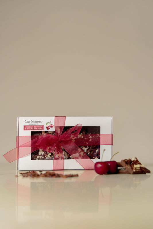 1/2 lb of cherry, coconut, cacao nib bark made with semi-sweet dark chocolate from Colombia.