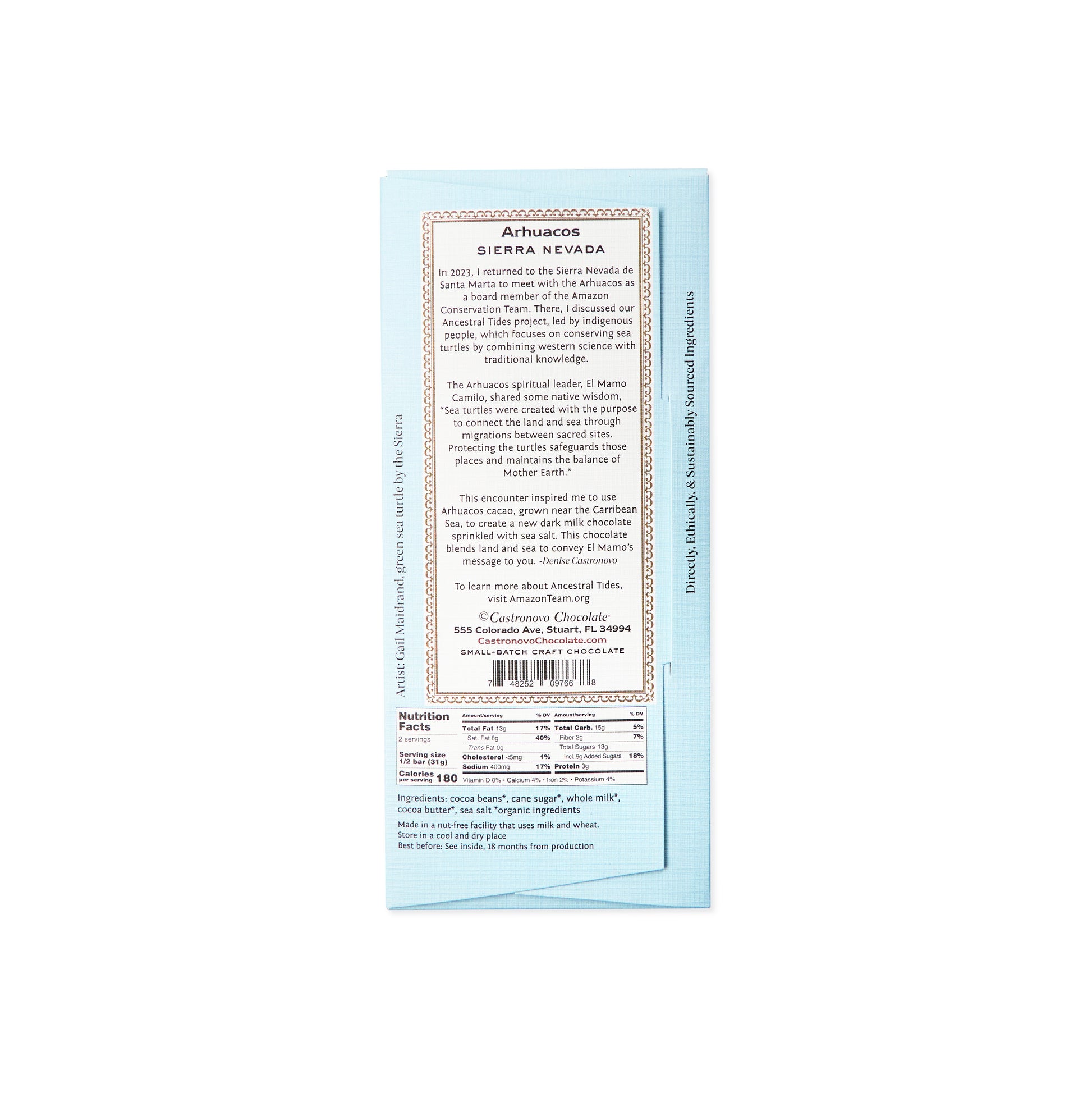 Back label and nutrition information for Castronovo Brand Archuacos dark milk chocolate 