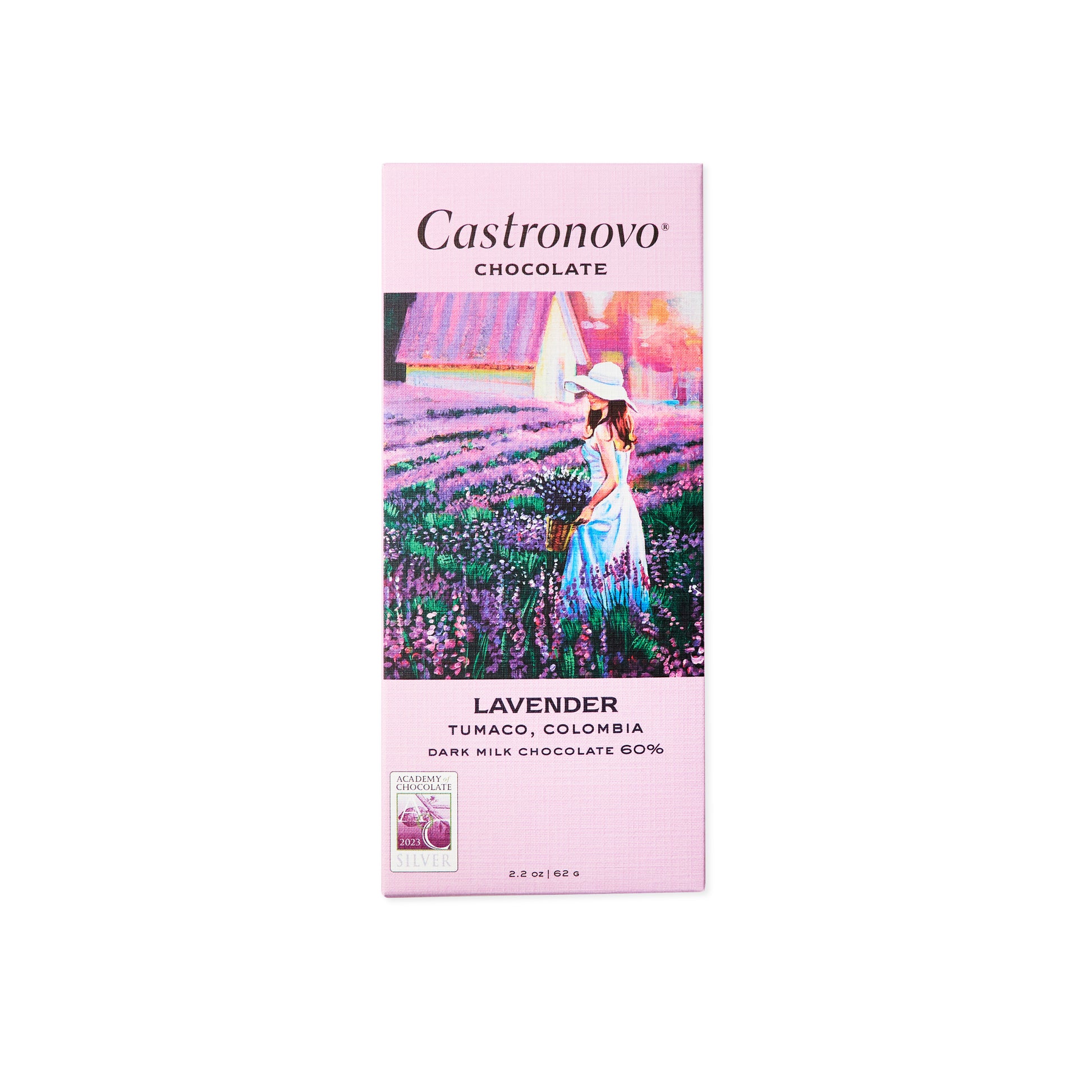 Castronovo Chocolate Dark Milk with Lavender bar, light purple packaging with illustration of woman in lavender field, against white background 